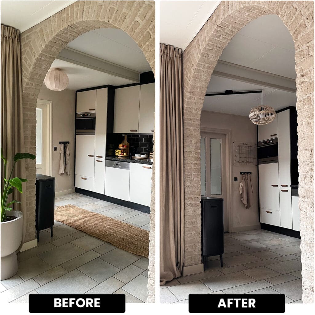 Split photo with two images of a kitchen without a Lightswing and one with a Lightswing single black