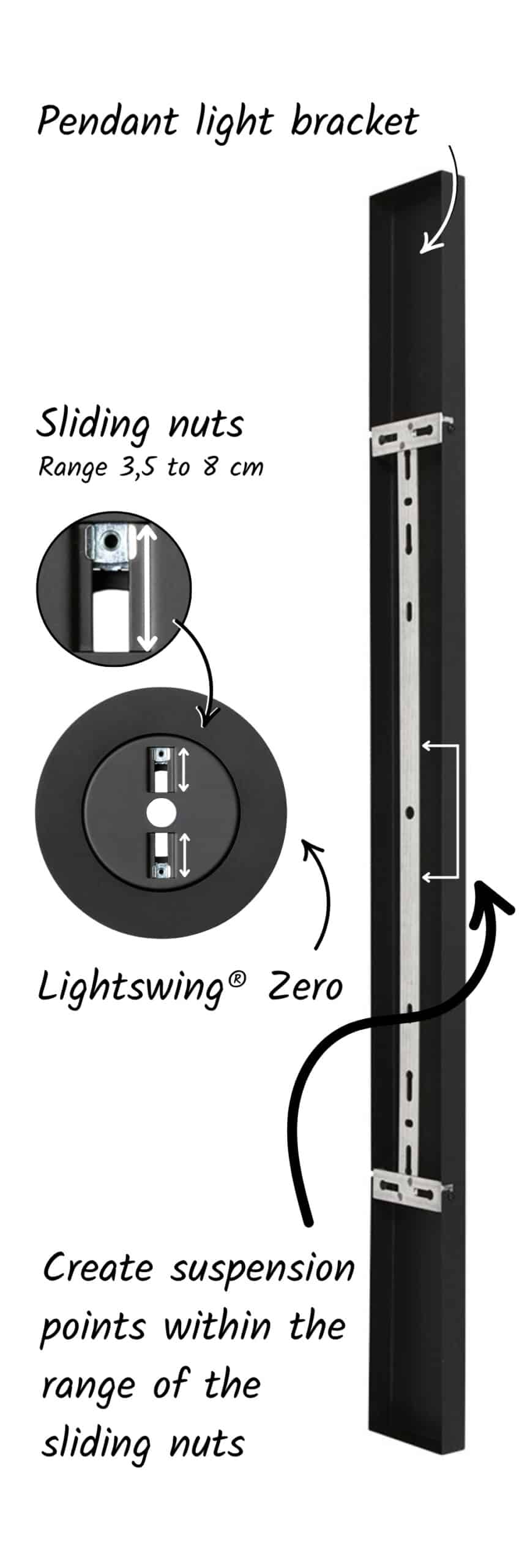 Lightswing® Zero installation with pendant light bracket and sliding nuts, suspension points shown within sliding range