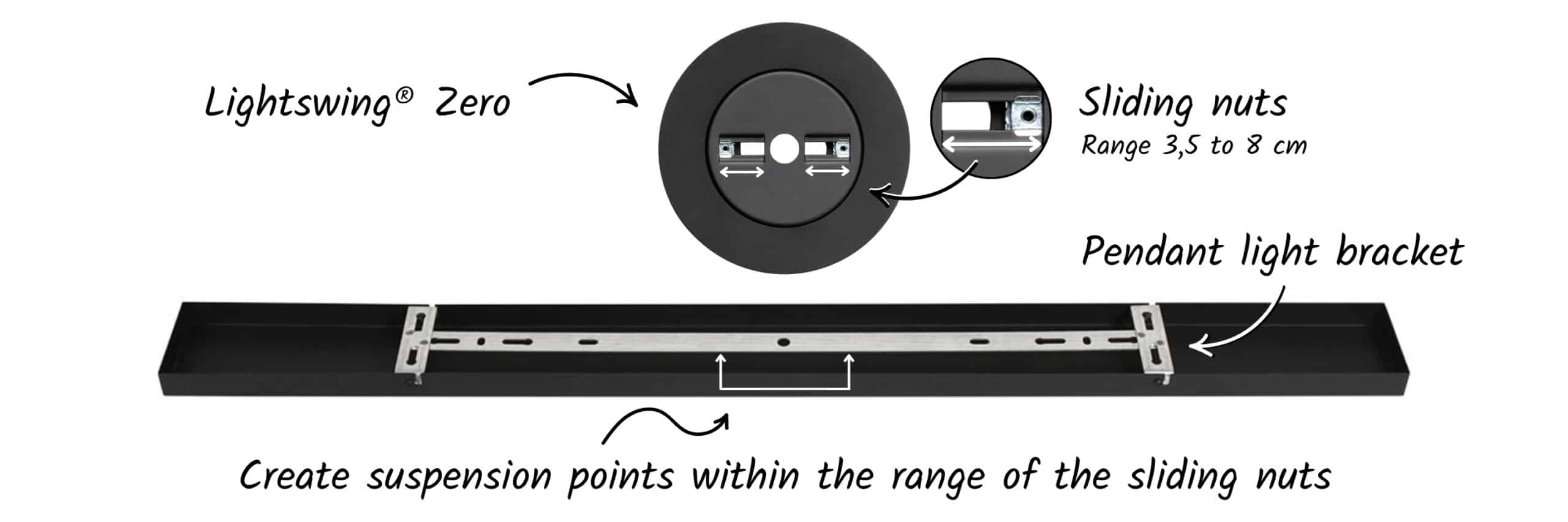 Lightswing® Zero installation with pendant light bracket and sliding nuts, suspension points shown within sliding range