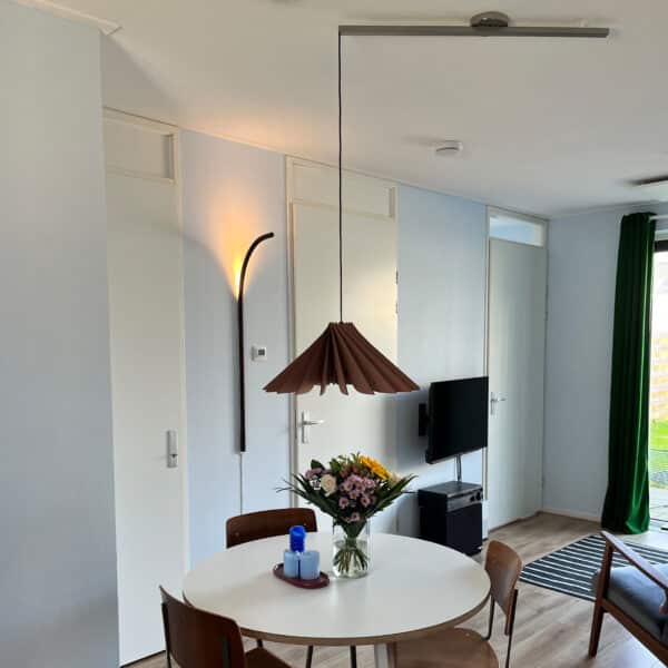 Lightswing® Twin Stainless Steel with one Novo Dusty Pink pendant light above round dining table in modern interior