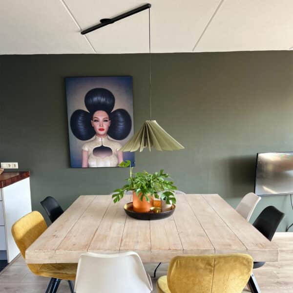 Lightswing® Twin Matt Black with one Novo Dusty Green pendant light above dining table in modern dining room