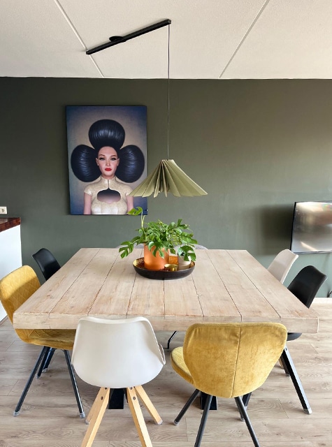 Lightswing® Single Matt Black with Pendant Light Novo Dusty Green above dining table in modern dining room