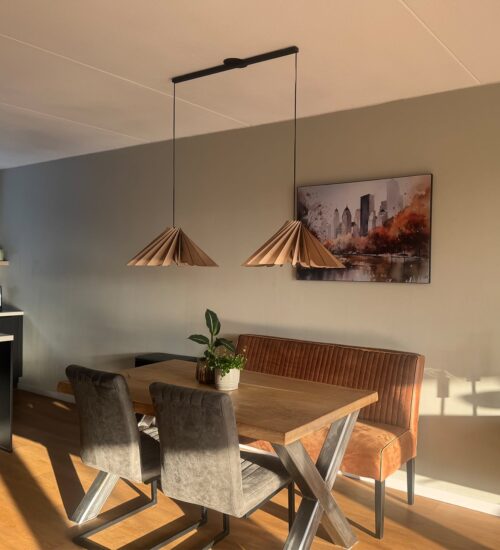 LightswingTwinBlack_with_PendantLightNovoNatural_Website Lightswing® Twin Matt Black with two Pendant Lights Novo Naturel above dining table in modern dining room