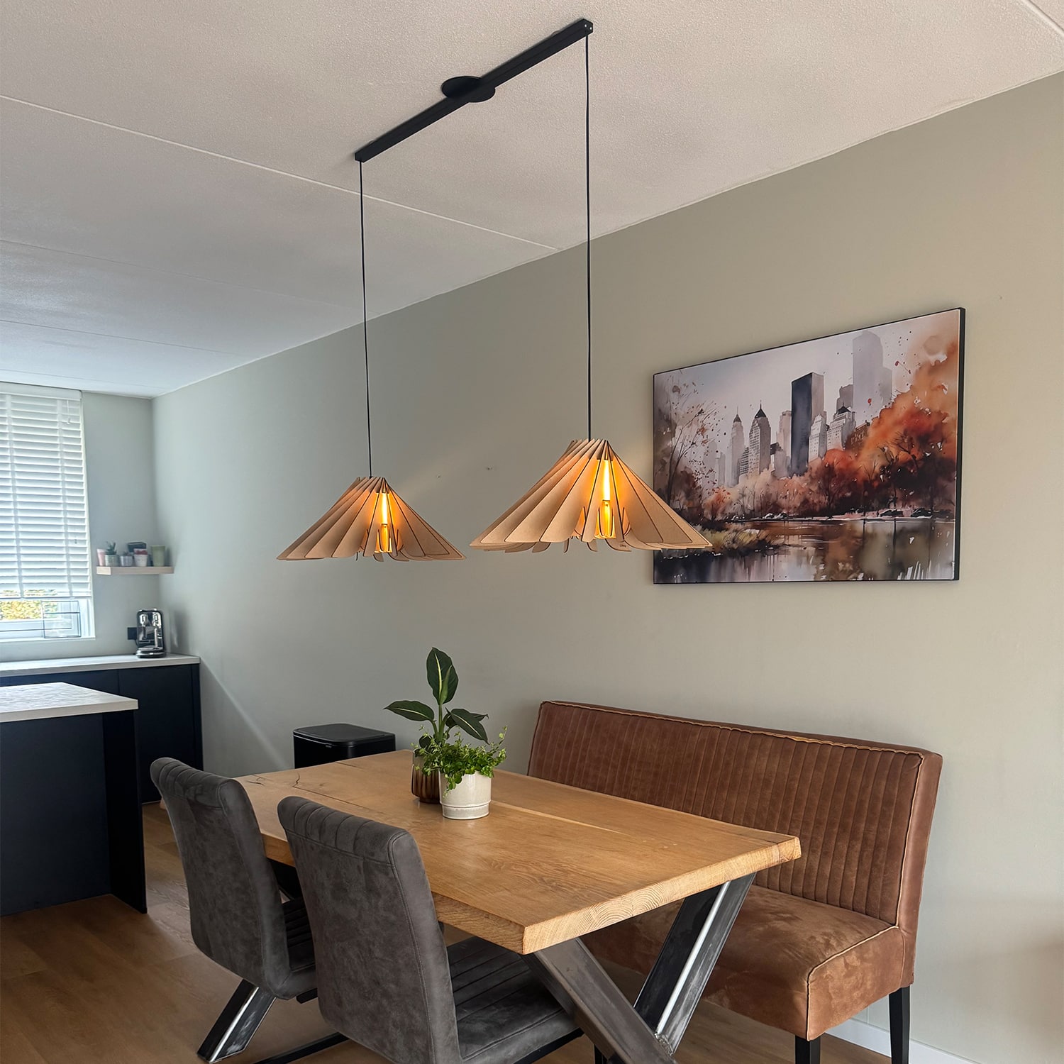 Lightswing® Twin Matt Black with two Pendant Lights Novo Naturel above dining table in modern dining room