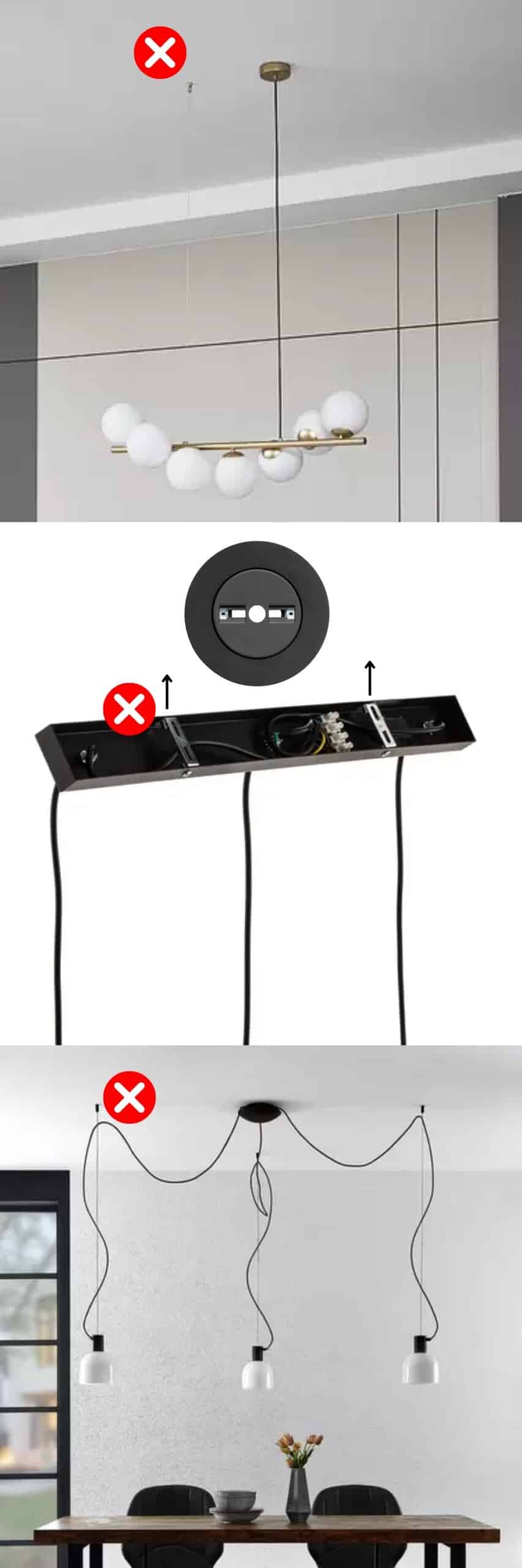 Lightswing® incompatible ceiling lights with multiple suspension points and cable routing not suitable for Lightswing® installation